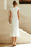 White Mermaid Round Neck Midi Prom Dress with Cap Sleeves