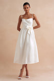 White A Line Spaghetti Straps Long Engagement Dress with Bow