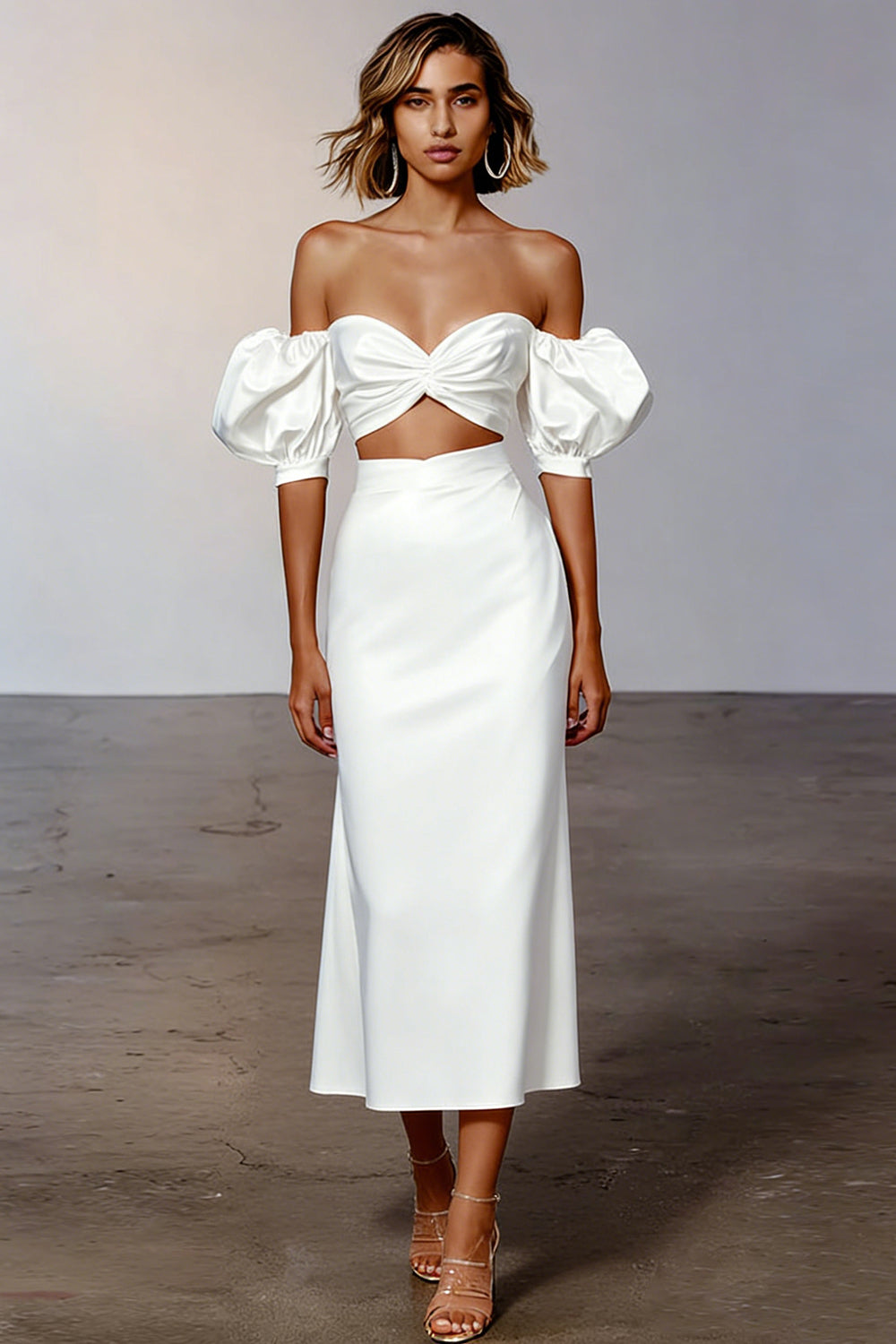 Zapaka Women White Satin Off the Shoulder Long Engagement Dress Cut Out Sheath Puff Sleeves Rehearsal Dinner Dress, White / US16 Zapaka Women White Satin Off the Shoulder Long Engagement Dress Cut Out Sheath Puff Sleeves Rehearsal Dinner Dress, White / US16