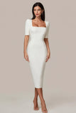 Square Neck Sheath Satin Little White Dress with Short Sleeves