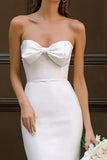 Simple Strapless Bowknot Sheath Satin Little White Dress