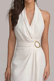 Halter Chiffon Sheath Ruched Little White Dress
