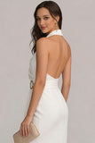 Halter Chiffon Sheath Ruched Little White Dress