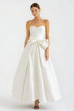Strapless A Line Bowkont Satin Little White Dress