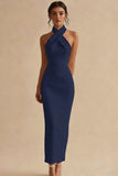Halter Sheath Backless Simple White Dress