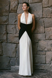Black and White Halter Ruched Sheath Engagement Dress