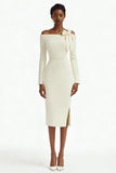 Ivory One Shoulder Sheath Long Sleeves Engagement Dress with Slit