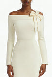 Ivory One Shoulder Sheath Long Sleeves Engagement Dress with Slit