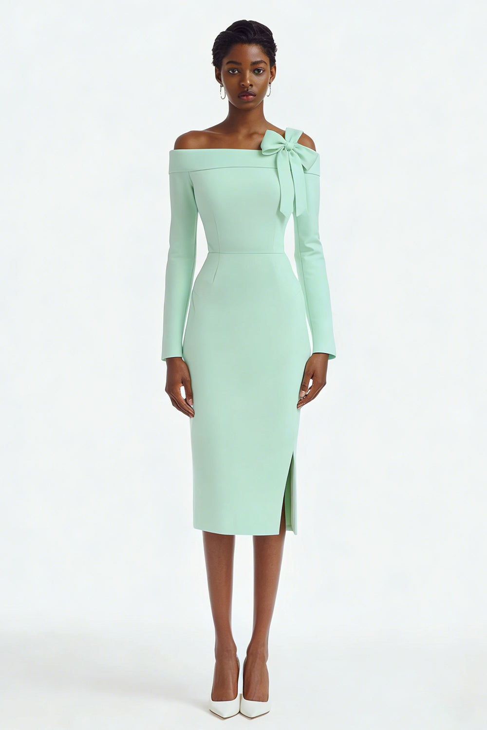 Zapaka Women Ivory Engagement Dress with Slit One Shoulder Sheath Long Sleeves Midi Wedding Dress with Bow, Mint / US12 Zapaka Women Ivory Engagement Dress with Slit One Shoulder Sheath Long Sleeves Midi Wedding Dress with Bow, Mint / US12