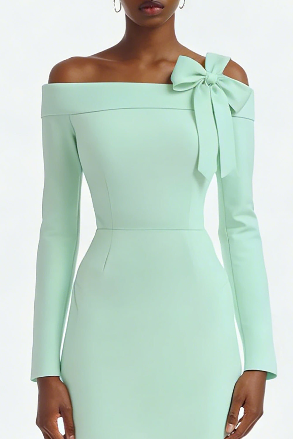 Zapaka Women Ivory Engagement Dress with Slit One Shoulder Sheath Long Sleeves Midi Wedding Dress with Bow, Mint / US12 Zapaka Women Ivory Engagement Dress with Slit One Shoulder Sheath Long Sleeves Midi Wedding Dress with Bow, Mint / US12