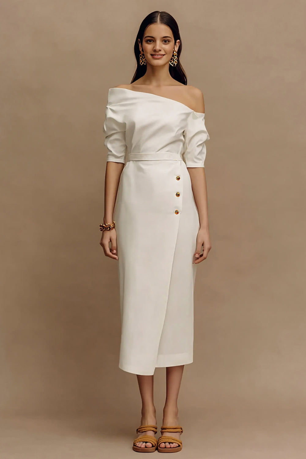 Zapaka Women Ivory Engagement Dress Sheath Off the Shoulder Satin Midi Bridal Shower Dress, Ivory / US14 Zapaka Women Ivory Engagement Dress Sheath Off the Shoulder Satin Midi Bridal Shower Dress, Ivory / US14