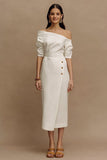 Off the Shoulder Ivory Sheath Satin Midi Engagement Dress