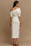 Off the Shoulder Ivory Sheath Satin Midi Engagement Dress