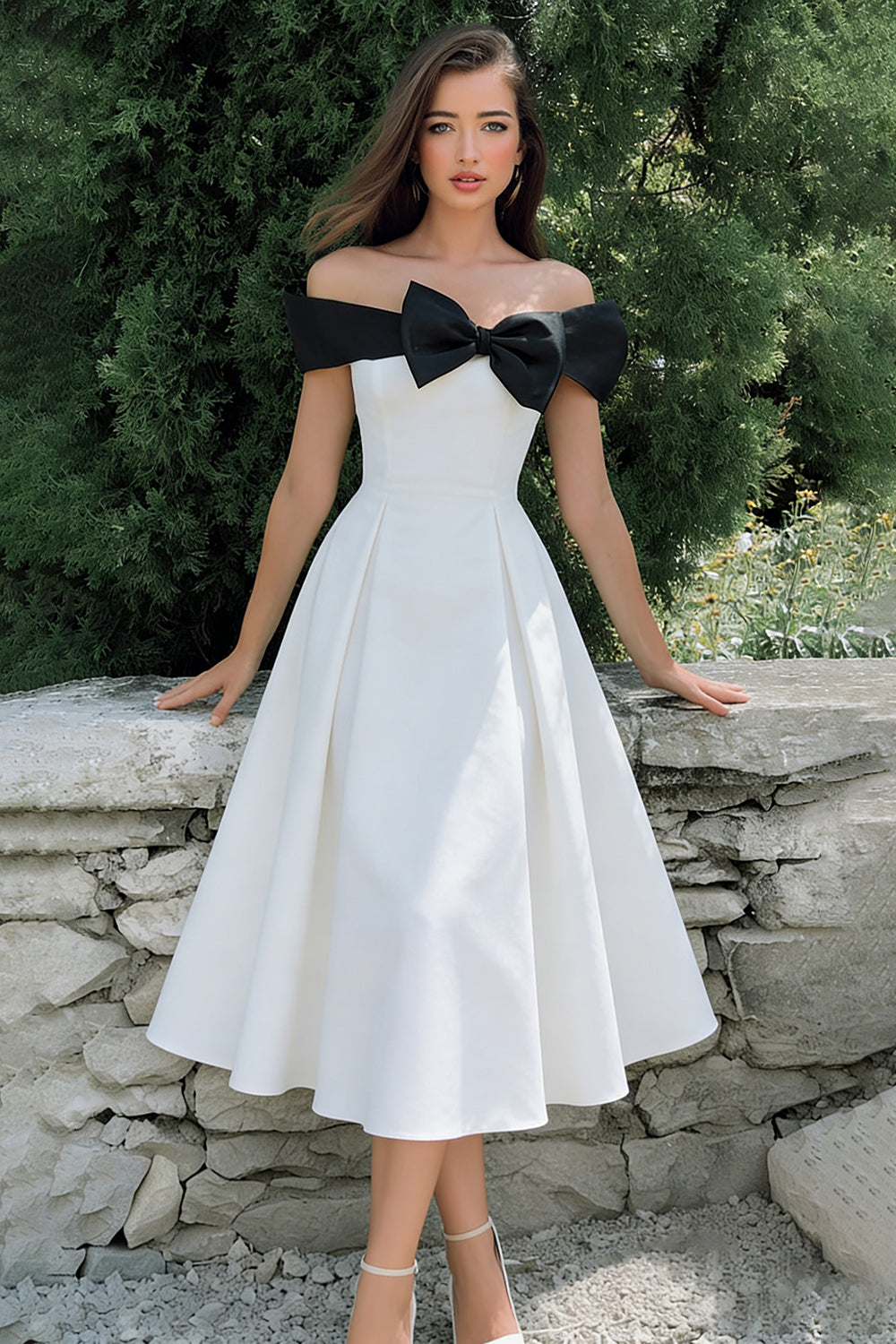 Zapaka Women White Engagement Dress with Bow A-Line Off The Shoulder Midi Bridal Shower Dress, White / US26W Zapaka Women White Engagement Dress with Bow A-Line Off The Shoulder Midi Bridal Shower Dress, White / US26W