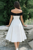 White A-Line Off The Shoulder Midi Engagement Dress with Bow