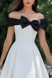 White A-Line Off The Shoulder Midi Engagement Dress with Bow