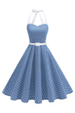 Halter Polka Dots Royal Blue A Line 1950s Dress