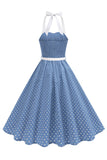 Halter Polka Dots Royal Blue A Line 1950s Dress