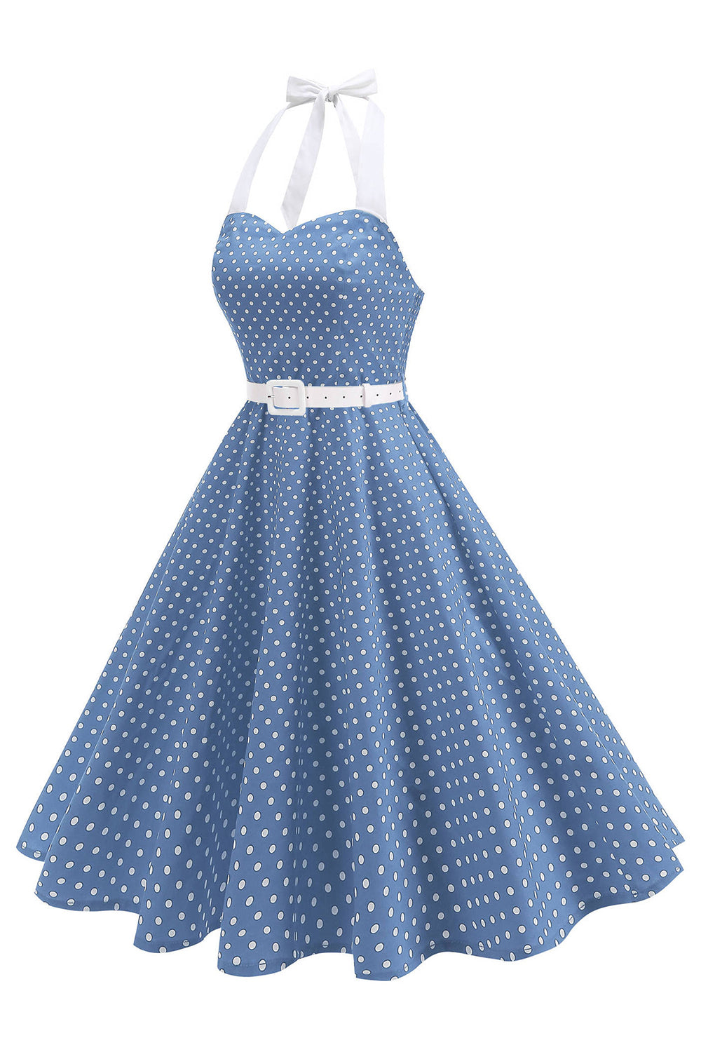 Zapaka Women Halter 1950s Dress with Belt Royal Blue Polka Dots A Line Midi Vintage Dress, Light Blue / 2XL Zapaka Women Halter 1950s Dress with Belt Royal Blue Polka Dots A Line Midi Vintage Dress, Light Blue / 2XL