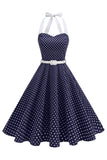 Halter Polka Dots Royal Blue A Line 1950s Dress