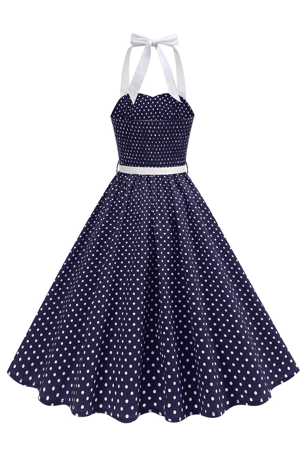 Zapaka Women Halter 1950s Dress with Belt Royal Blue Polka Dots A Line Midi Vintage Dress, Navy / S Zapaka Women Halter 1950s Dress with Belt Royal Blue Polka Dots A Line Midi Vintage Dress, Navy / S