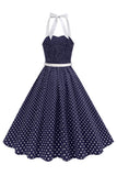 Halter Polka Dots Royal Blue A Line 1950s Dress