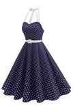 Halter Polka Dots Royal Blue A Line 1950s Dress