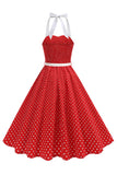 Halter Polka Dots Royal Blue A Line 1950s Dress
