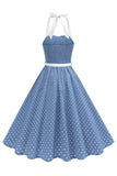 Halter Polka Dots Light Blue A Line 1950s Dress