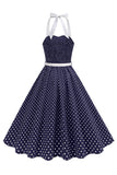 Halter Polka Dots Light Blue A Line 1950s Dress