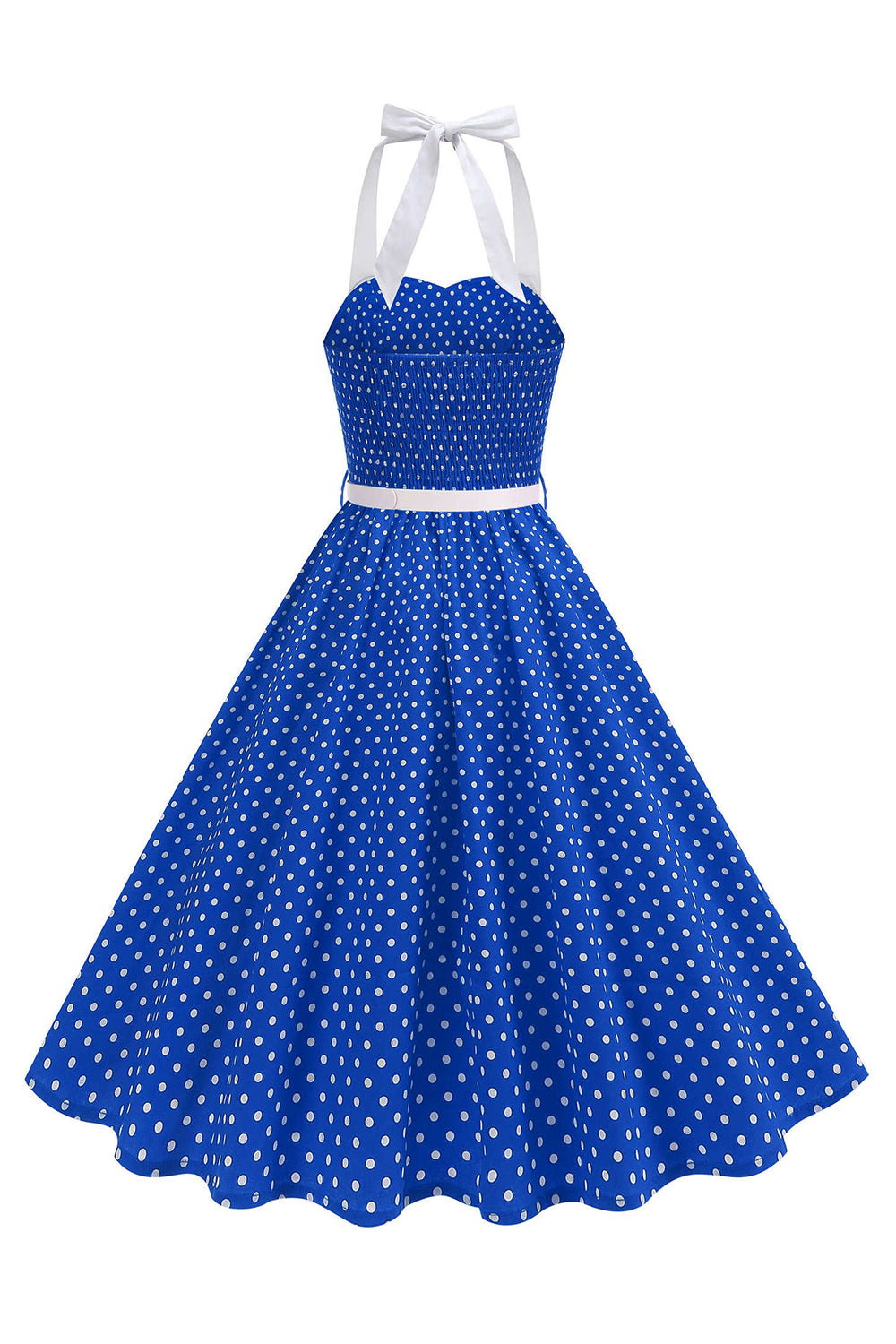 blue fifties dress Zapaka Women Halter 1950s Dress with Belt Light Blue Polka Dots A Line Midi Vintage Dress, Royal Blue / XL