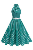 High Neck Polka Dots Green A Line 1950s Dress with Bow