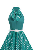 High Neck Polka Dots Green A Line 1950s Dress with Bow