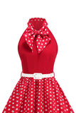 High Neck Polka Dots Green A Line 1950s Dress with Bow