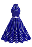 High Neck Polka Dots Green A Line 1950s Dress with Bow