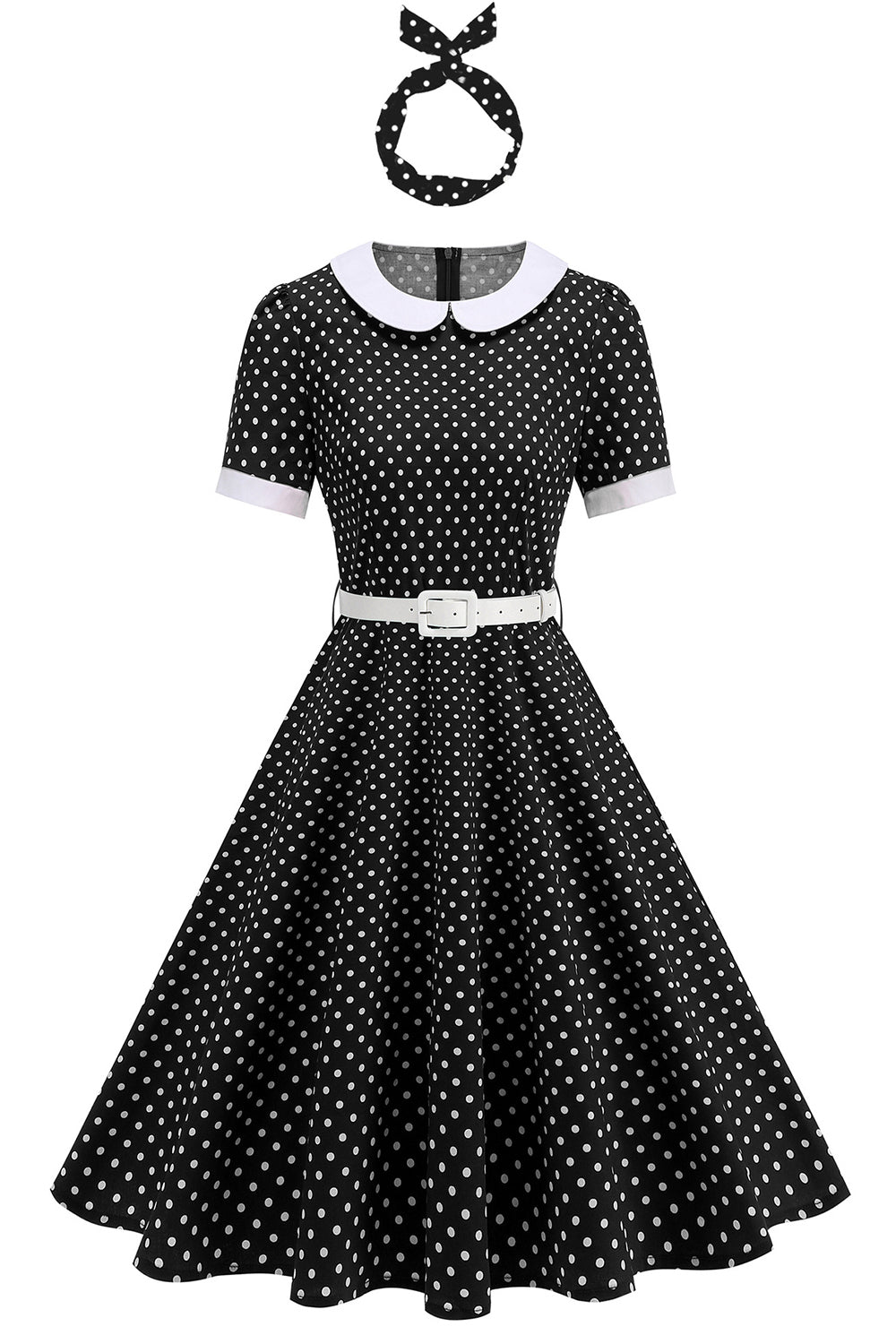 Zapaka Women Round Neck 1950s Dress with Belt Black Short Sleeve Polka Dots A Line Midi Vintage Dress, Black / M Zapaka Women Round Neck 1950s Dress with Belt Black Short Sleeve Polka Dots A Line Midi Vintage Dress, Black / M