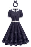 Round Neck Polka Dots Black A Line 1950s Dress