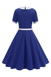Round Neck Polka Dots Black A Line 1950s Dress