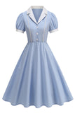 Notched Lapel Blue A Line Single Breasted 1950s Dress