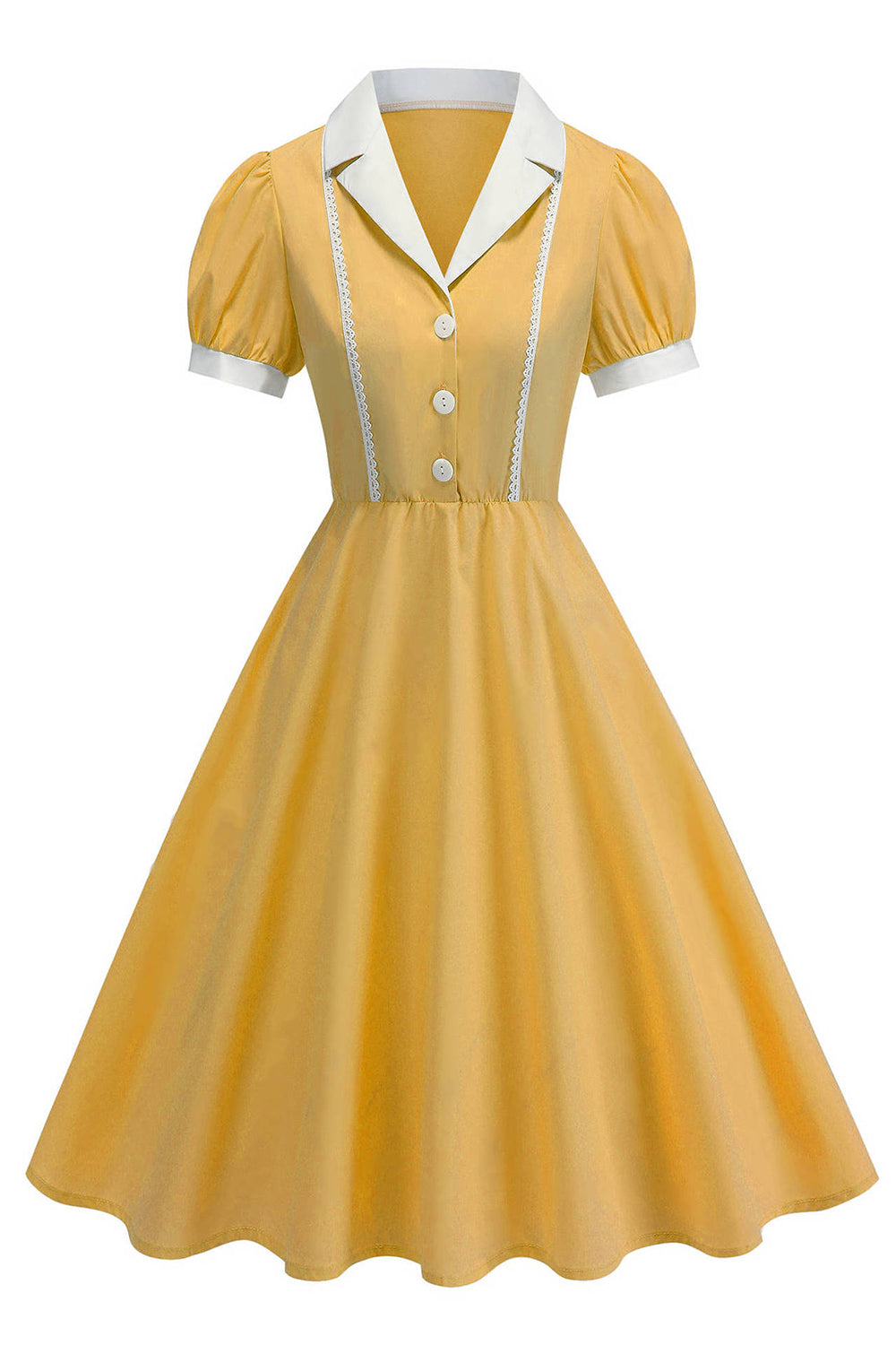 Zapaka Women Blue 1950s Dress Single Breasted Notched Lapel Short Sleeve A Line Midi Vintage Dress, Yellow / M Zapaka Women Blue 1950s Dress Single Breasted Notched Lapel Short Sleeve A Line Midi Vintage Dress, Yellow / M