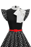 High Neck Polka Dots Black A Line 1950s Dress With Bow