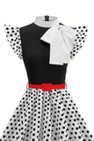 High Neck Polka Dots Black A Line 1950s Dress With Bow