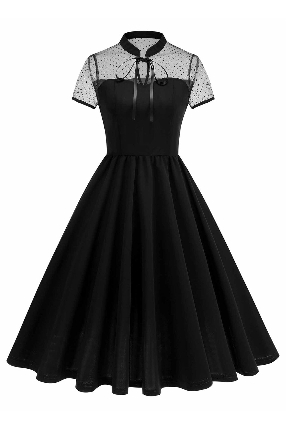 Zapaka Women High Neck 1950s Dress with Bow Black Short Sleeve Polka Dots A Line Midi Vintage Dress, Black / M Zapaka Women High Neck 1950s Dress with Bow Black Short Sleeve Polka Dots A Line Midi Vintage Dress, Black / M