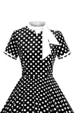High Neck Black Polka Dots Bowed A Line 1950s Dress