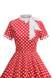 High Neck Black Polka Dots Bowed A Line 1950s Dress