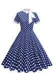 High Neck Black Polka Dots Bowed A Line 1950s Dress
