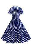 High Neck Black Polka Dots Bowed A Line 1950s Dress