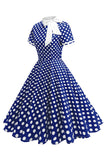 High Neck Black Polka Dots Bowed A Line 1950s Dress
