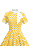 High Neck Black Polka Dots Bowed A Line 1950s Dress