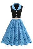 Blue A Line Polka Dots Shawl Lapel 1950s Dress